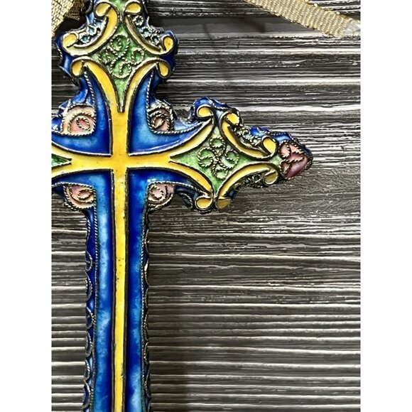 Metallic Cross Christmas Ornament 6” Blue Yellow Gold Ribbon Unique Hand Painted - Picture 3 of 12